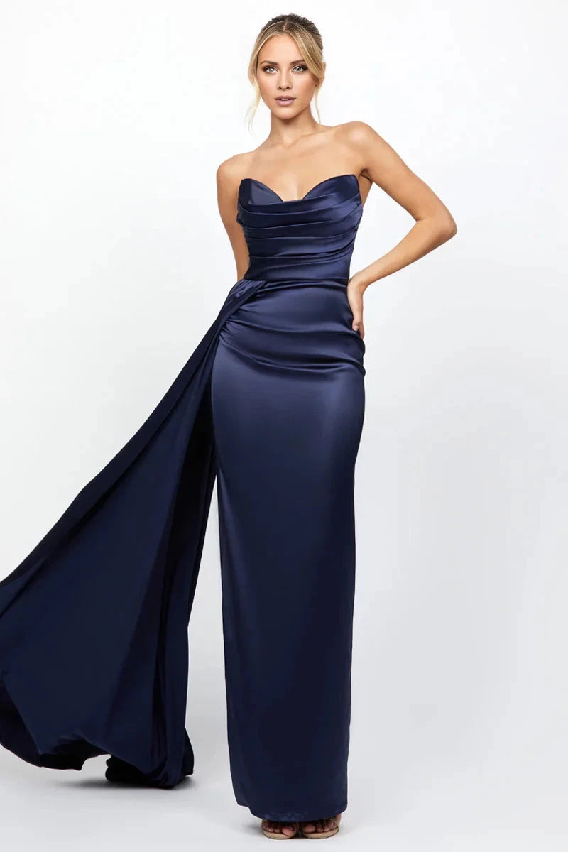 Luxurious Mermaid V Neck Sleeveless Strapless Ruched Train-Back Floor-Length Evening Dress by YiHuiw