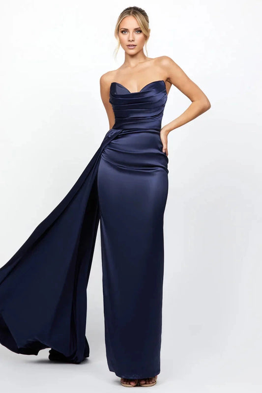 Luxurious Mermaid V Neck Sleeveless Strapless Ruched Train-Back Floor-Length Evening Dress by YiHuiw