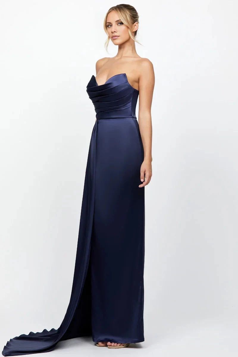 Luxurious Mermaid V Neck Sleeveless Strapless Ruched Train-Back Floor-Length Evening Dress by YiHuiw
