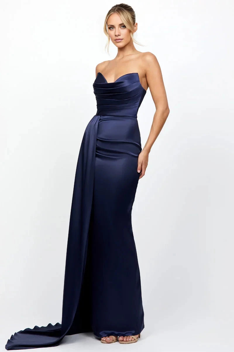 Luxurious Mermaid V Neck Sleeveless Strapless Ruched Train-Back Floor-Length Evening Dress by YiHuiw