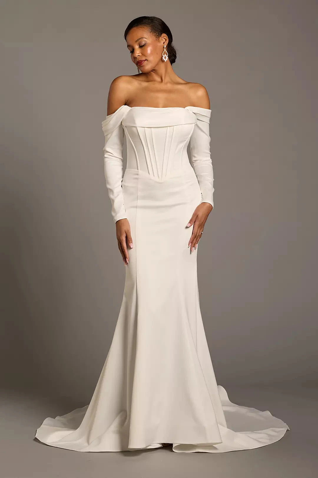 Luxurious Modern Mermaid Off-the-Shoulder Long-Sleeve Satin Corset Bodice Open-Back Sweeping Train Wedding Dress by YiHuiw