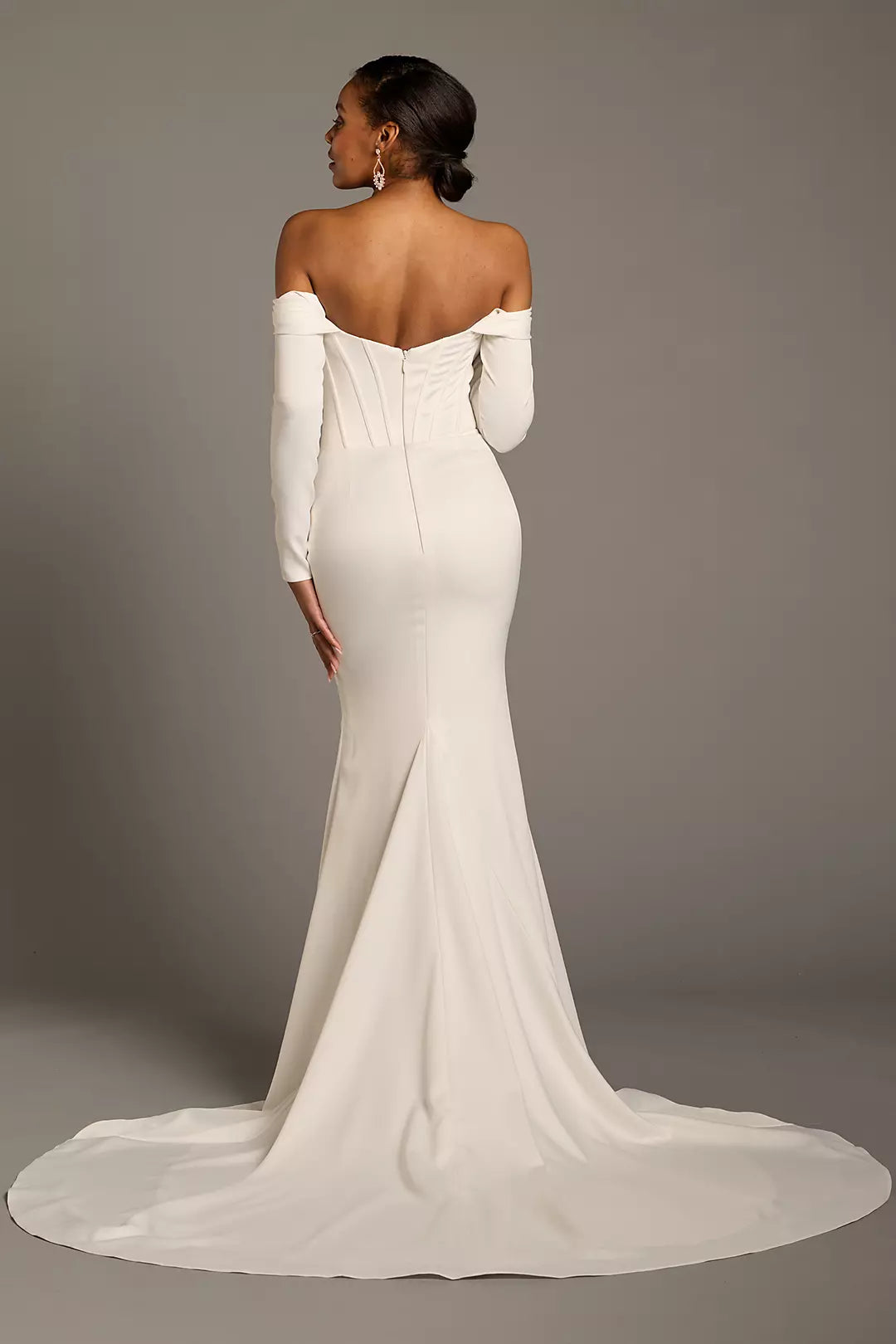 Luxurious Modern Mermaid Off-the-Shoulder Long-Sleeve Satin Corset Bodice Open-Back Sweeping Train Wedding Dress
