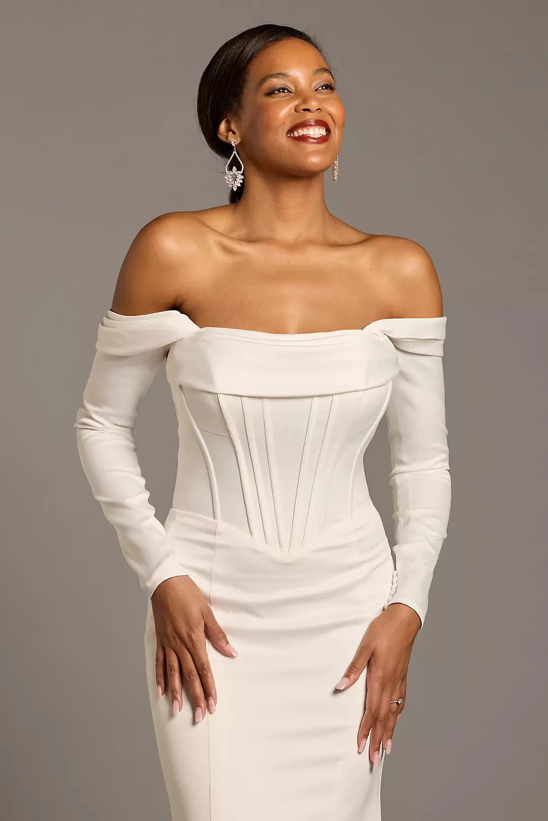Luxurious Modern Mermaid Off-the-Shoulder Long-Sleeve Satin Corset Bodice Open-Back Sweeping Train Wedding Dress by YiHuiw