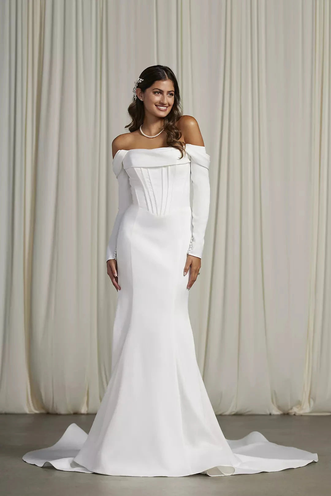 Luxurious Modern Mermaid Off-the-Shoulder Long-Sleeve Satin Corset Bodice Open-Back Sweeping Train Wedding Dress by YiHuiw
