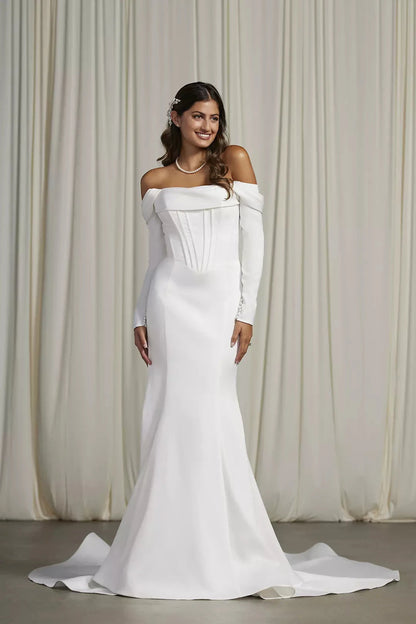 Luxurious Modern Mermaid Off-the-Shoulder Long-Sleeve Satin Corset Bodice Open-Back Sweeping Train Wedding Dress by YiHuiw