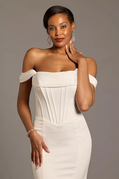 Luxurious Modern Mermaid Off-the-Shoulder Long-Sleeve Satin Corset Bodice Open-Back Sweeping Train Wedding Dress by YiHuiw