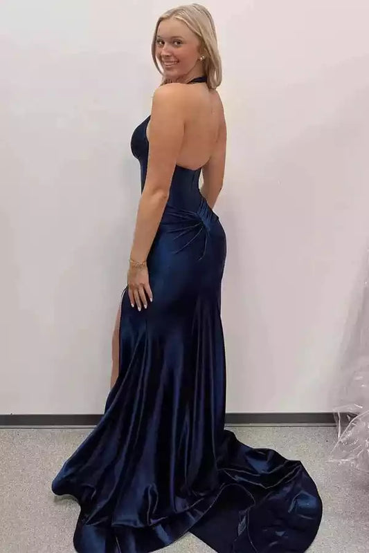 Luxurious Navy Blue Satin Mermaid Dress with Halter Neck & Open Back