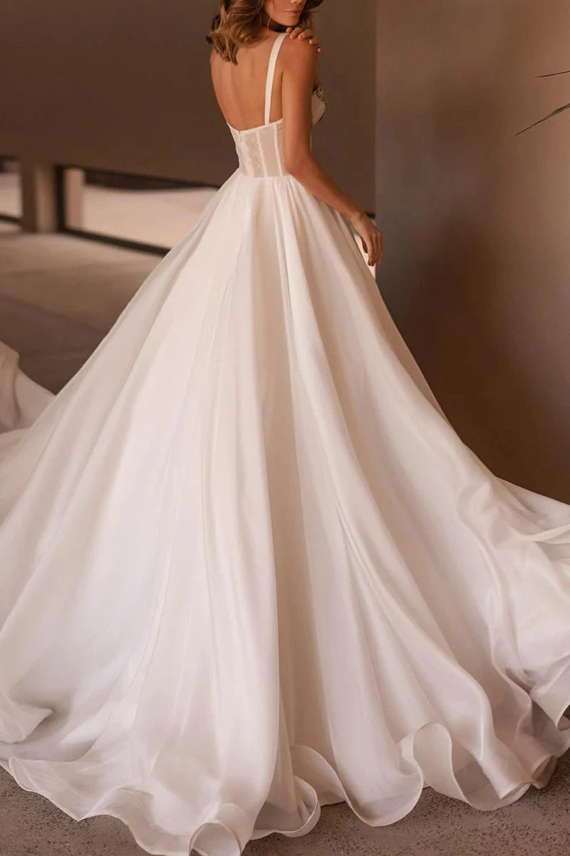 Luxurious Organza Ballgown Spaghetti-Strap Crystal-Embellished Low-Back Train Wedding Dress by YiHuiw