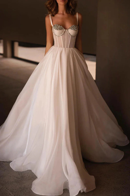Luxurious Organza Ballgown Spaghetti-Strap Crystal-Embellished Low-Back Train Wedding Dress by YiHuiw