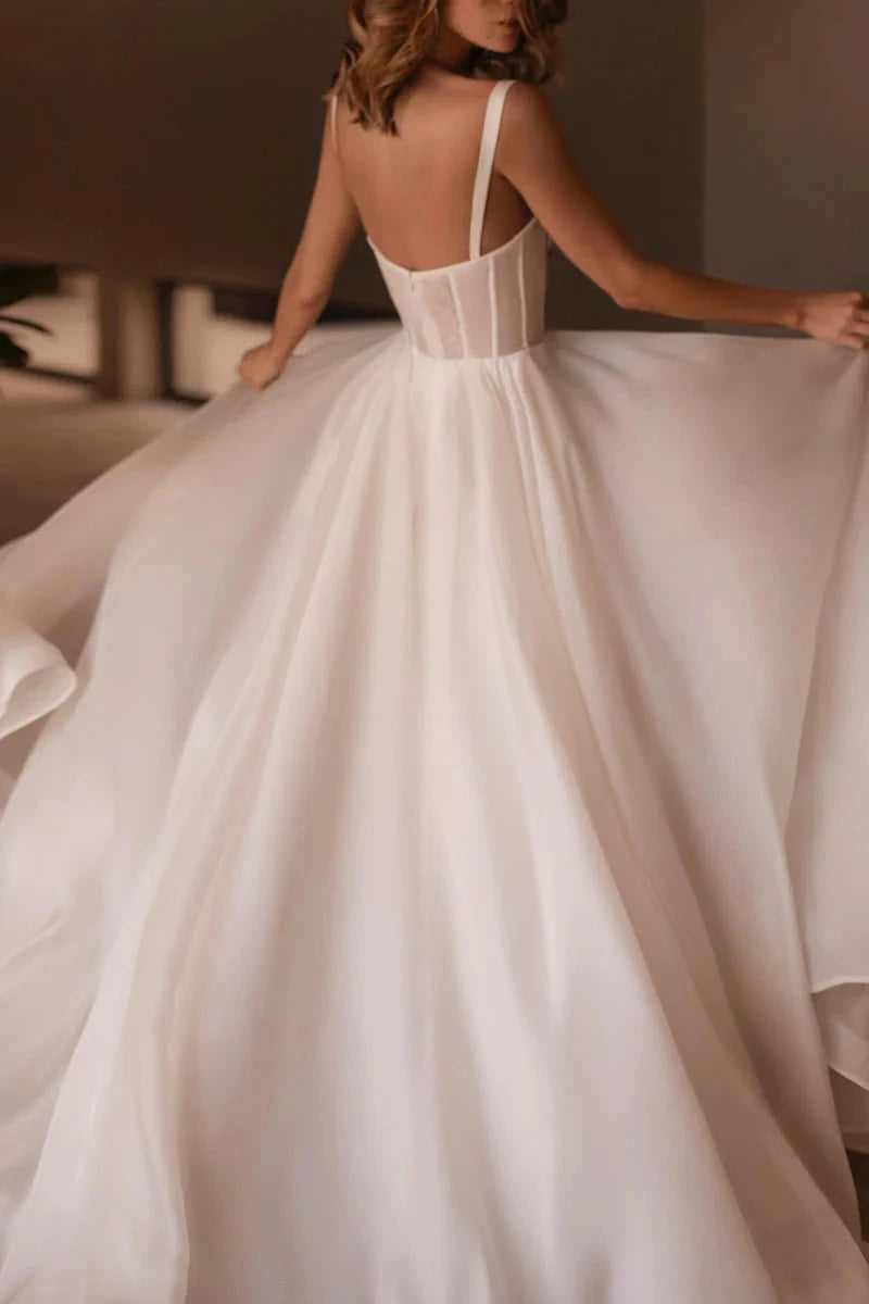 Luxurious Organza Ballgown Spaghetti-Strap Crystal-Embellished Low-Back Train Wedding Dress by YiHuiw