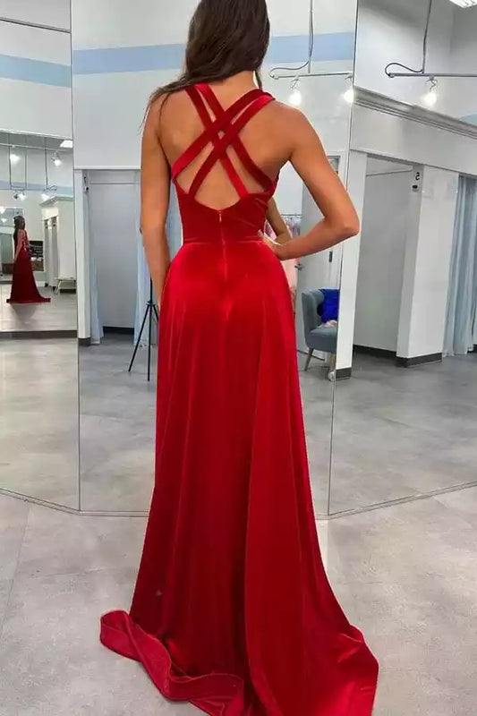 Luxurious Red Velvet A-Line Dress with Plunge V-Neck & Criss-Cross Back