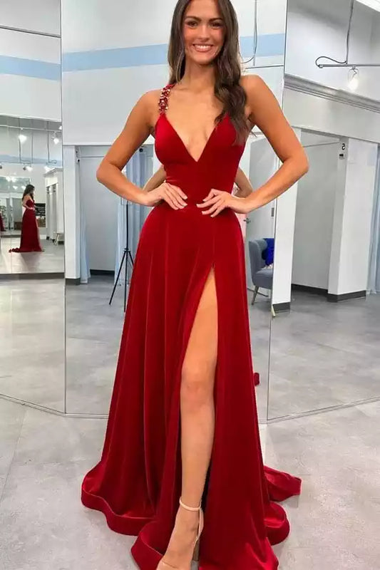 Luxurious Red Velvet A-Line Dress with Plunge V-Neck & Criss-Cross Back
