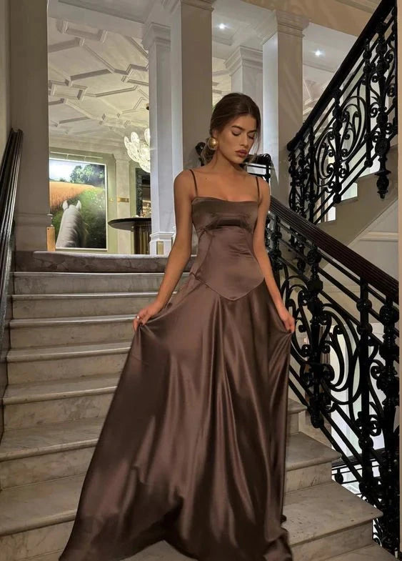 Luxurious satin A-line cowl spaghetti strap corset-back floor length evening dress by YiHuiw