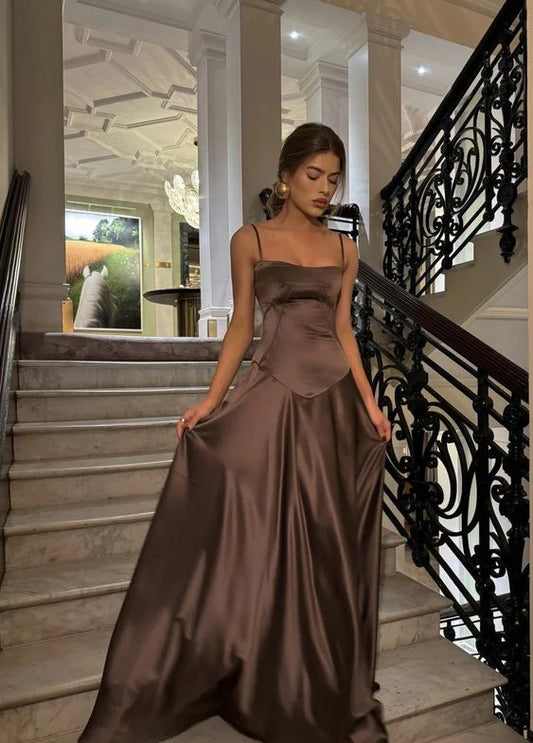 Luxurious satin A-line cowl spaghetti strap corset-back floor length evening dress