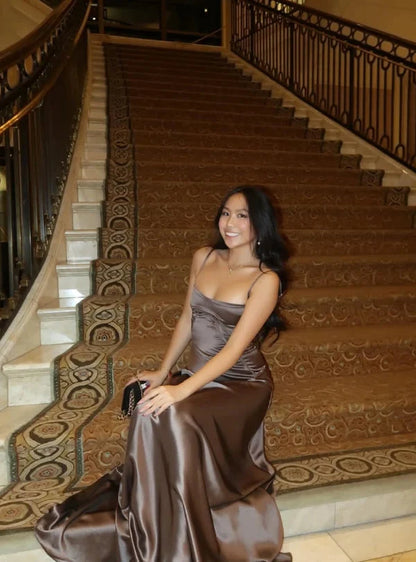 Luxurious satin A-line cowl spaghetti strap corset-back floor length evening dress by YiHuiw