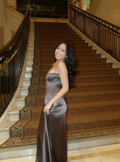 Luxurious satin A-line cowl spaghetti strap corset-back floor length evening dress by YiHuiw