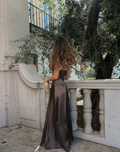 Luxurious satin A-line cowl spaghetti strap corset-back floor length evening dress by YiHuiw