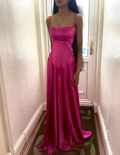 Luxurious satin A-line cowl spaghetti strap corset-back floor length evening dress by YiHuiw