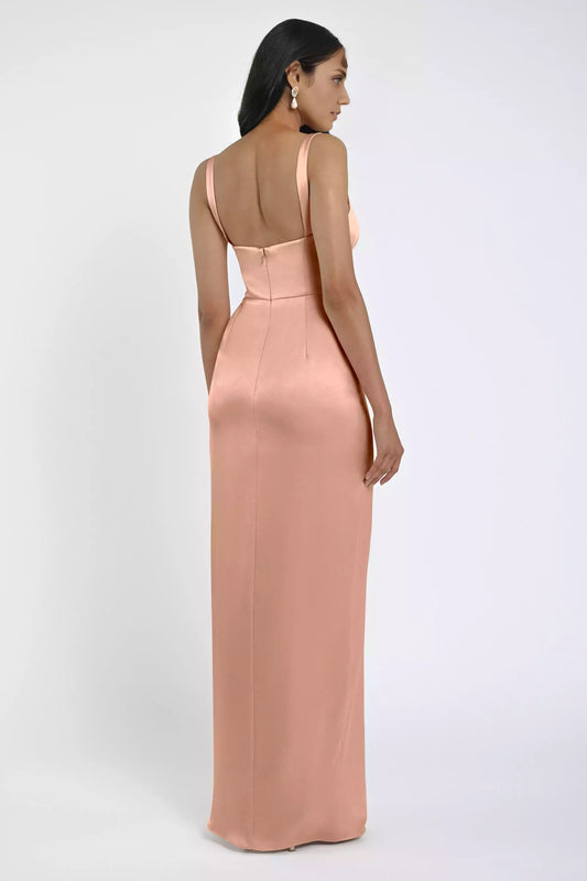 Luxurious satin square neckline with full charm, wide shoulder straps, natural waist seam, slit, back middle zipper Prom Dresses