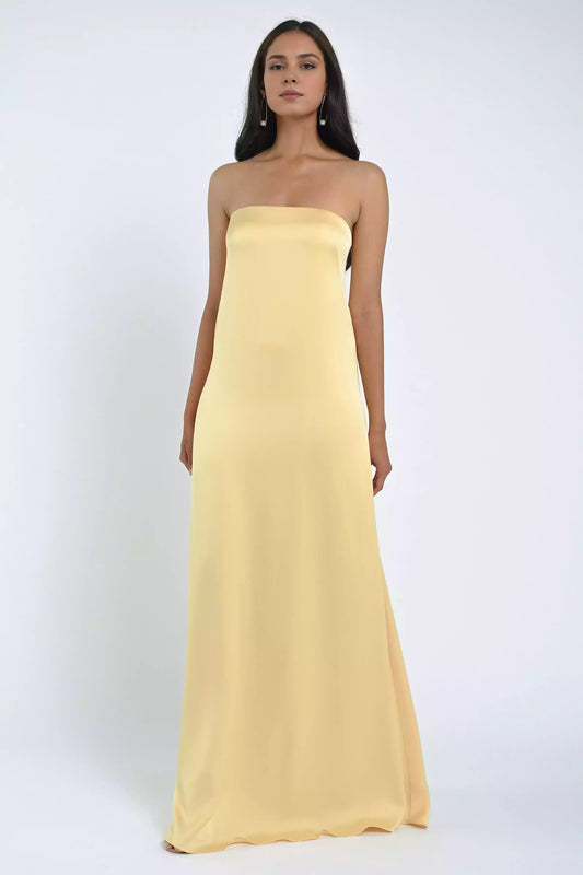 Luxurious satin straight tube off shoulder collar with full lining and back zipper Prom Dresses, full of charm