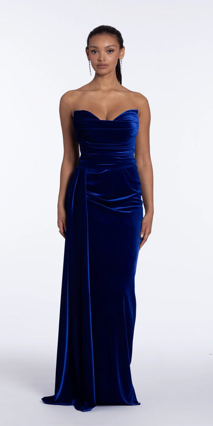 Luxurious strapless velvet evening dress with cowl neck, ruched bodice, high slit and train