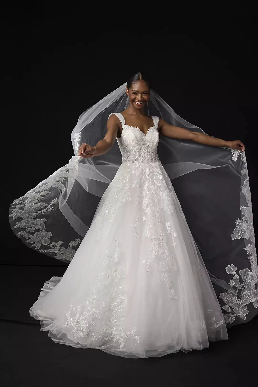 Luxury Floral Lace Appliqué Cathedral Length Bridal Veil by YiHuiw