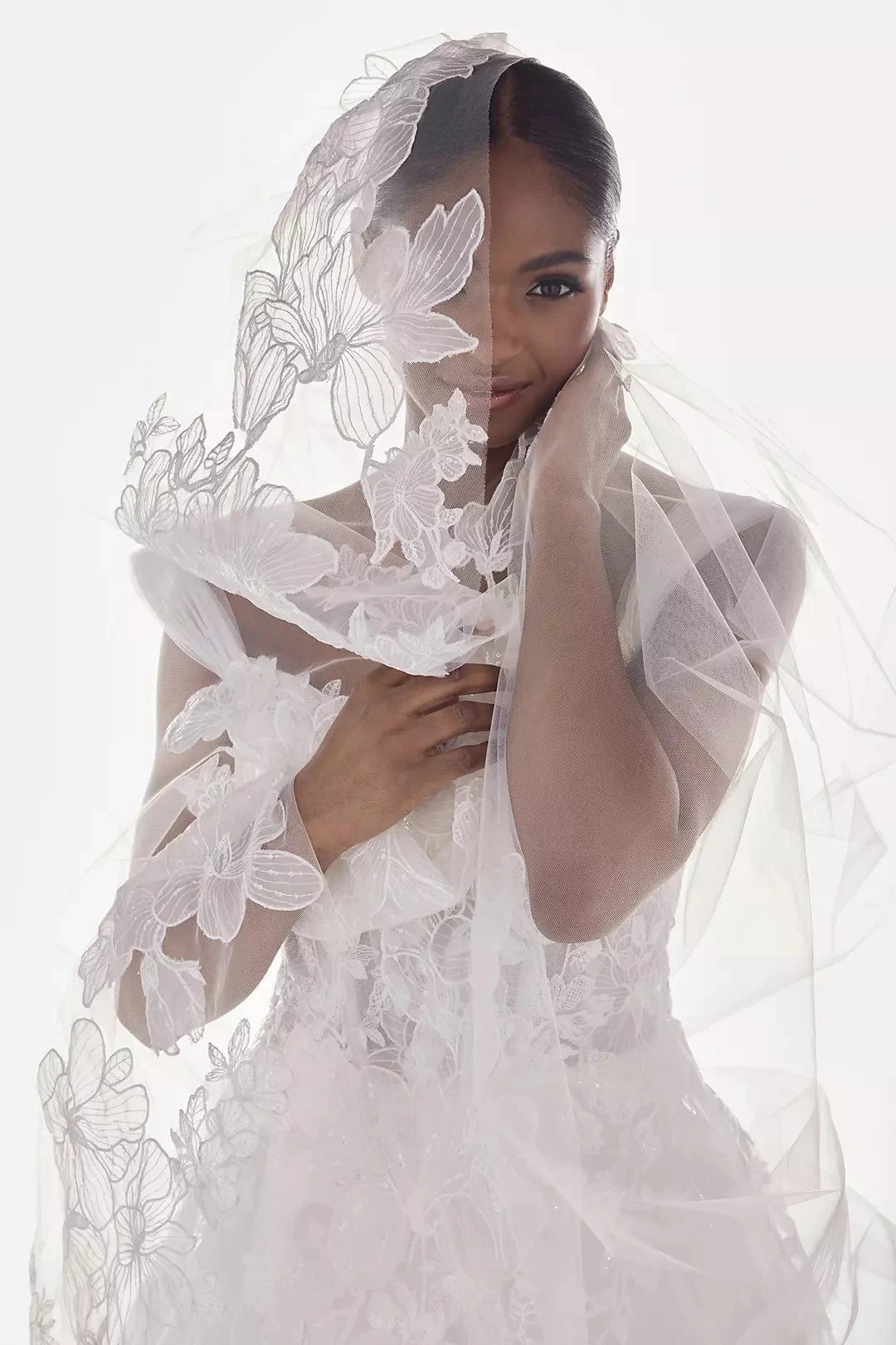 Luxury Floral Lace Appliqué Cathedral Length Bridal Veil by YiHuiw