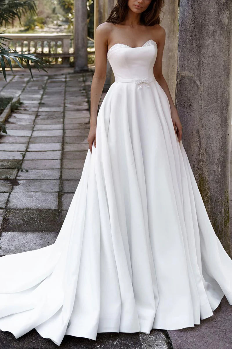 Luxury Ivory Satin Strapless Sweetheart Neck A-Line Wedding Dress with Cathedral Train & Delicate Lace Trim