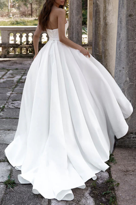 Luxury Ivory Satin Strapless Sweetheart Neck A-Line Wedding Dress with Cathedral Train & Delicate Lace Trim
