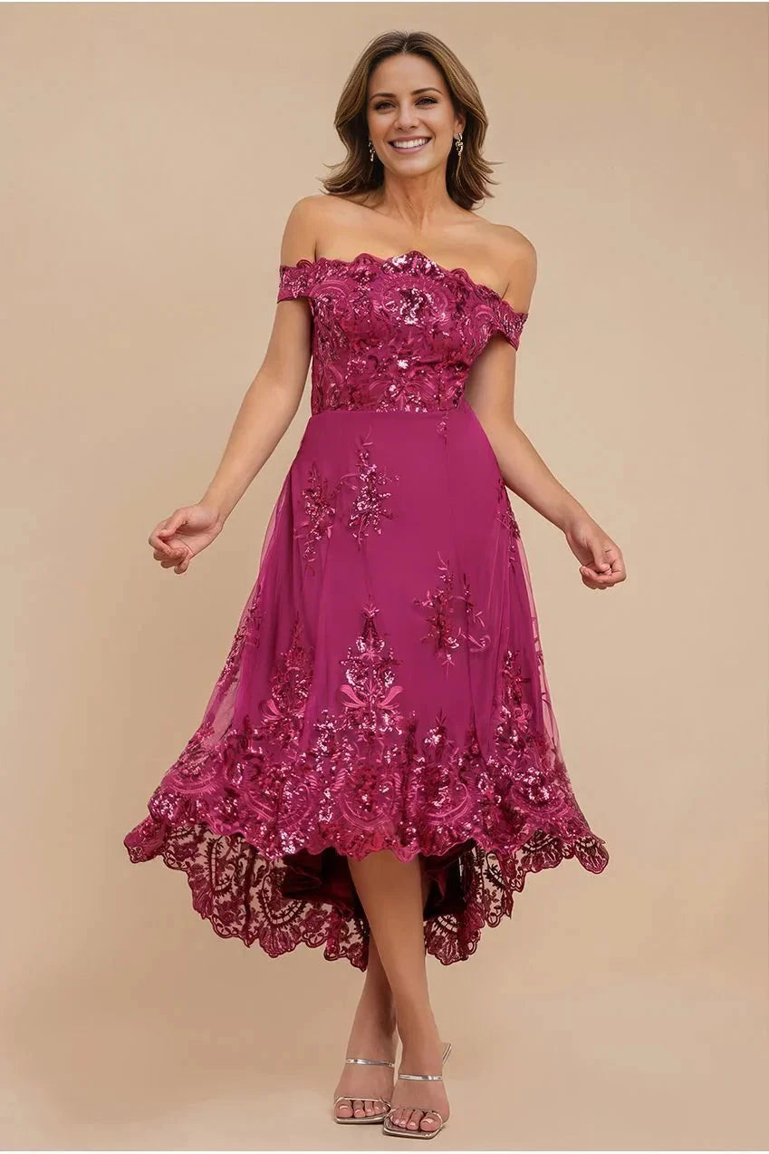 Luxury Off-Shoulder Neck Sleeveless Sequin Lace High-Low Midi Mother of the Bride Dress by YiHuiw