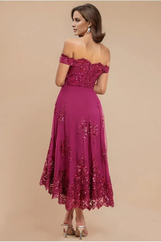 Luxury Off-Shoulder Neck Sleeveless Sequin Lace High-Low Midi Mother of the Bride Dress
