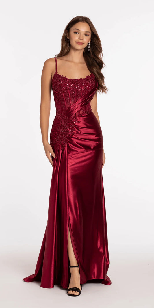 Elegant spaghetti strap evening dress with beaded lace corset bodice, ruched satin skirt, high slit and train by LANQI DRESS