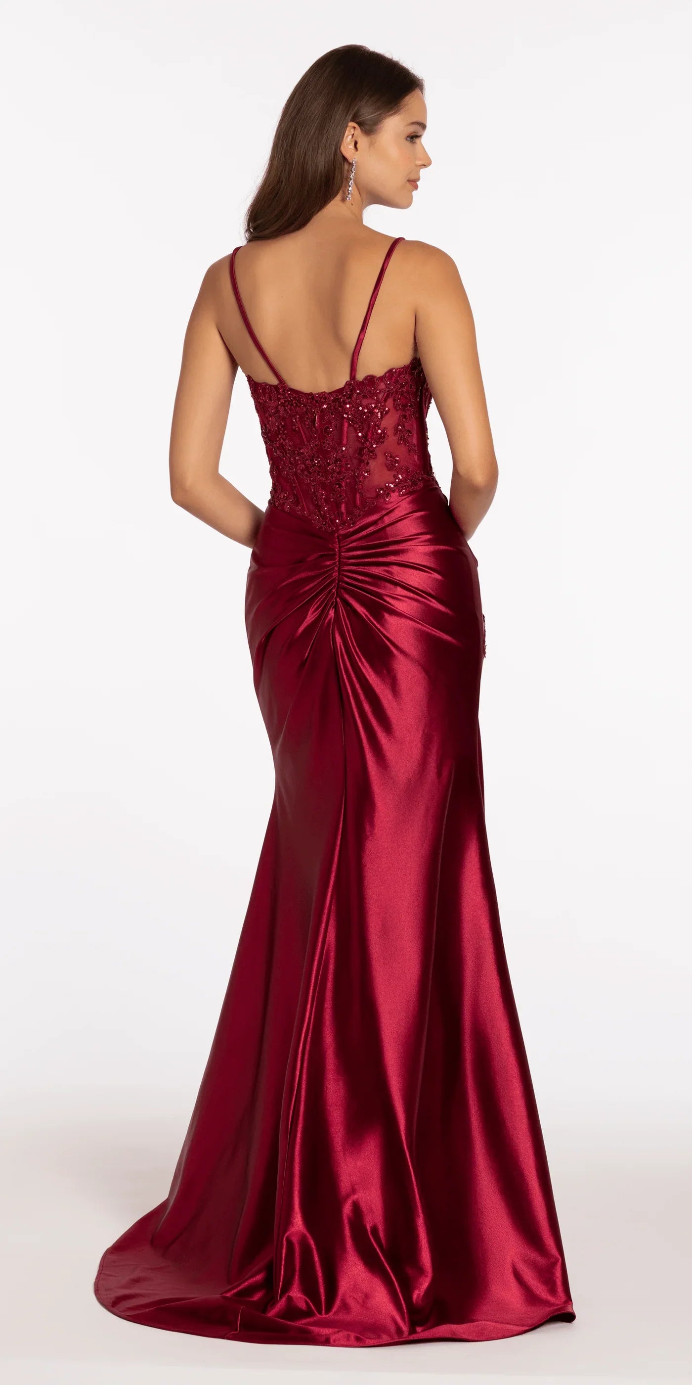 Elegant spaghetti strap evening dress with beaded lace corset bodice, ruched satin skirt, high slit and train by LANQI DRESS