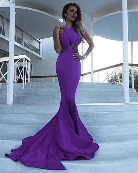 Purple Cutout Mermaid Evening Gown with Train Purple Prom Dresses Mermaid Party Dresses by YiHuiw