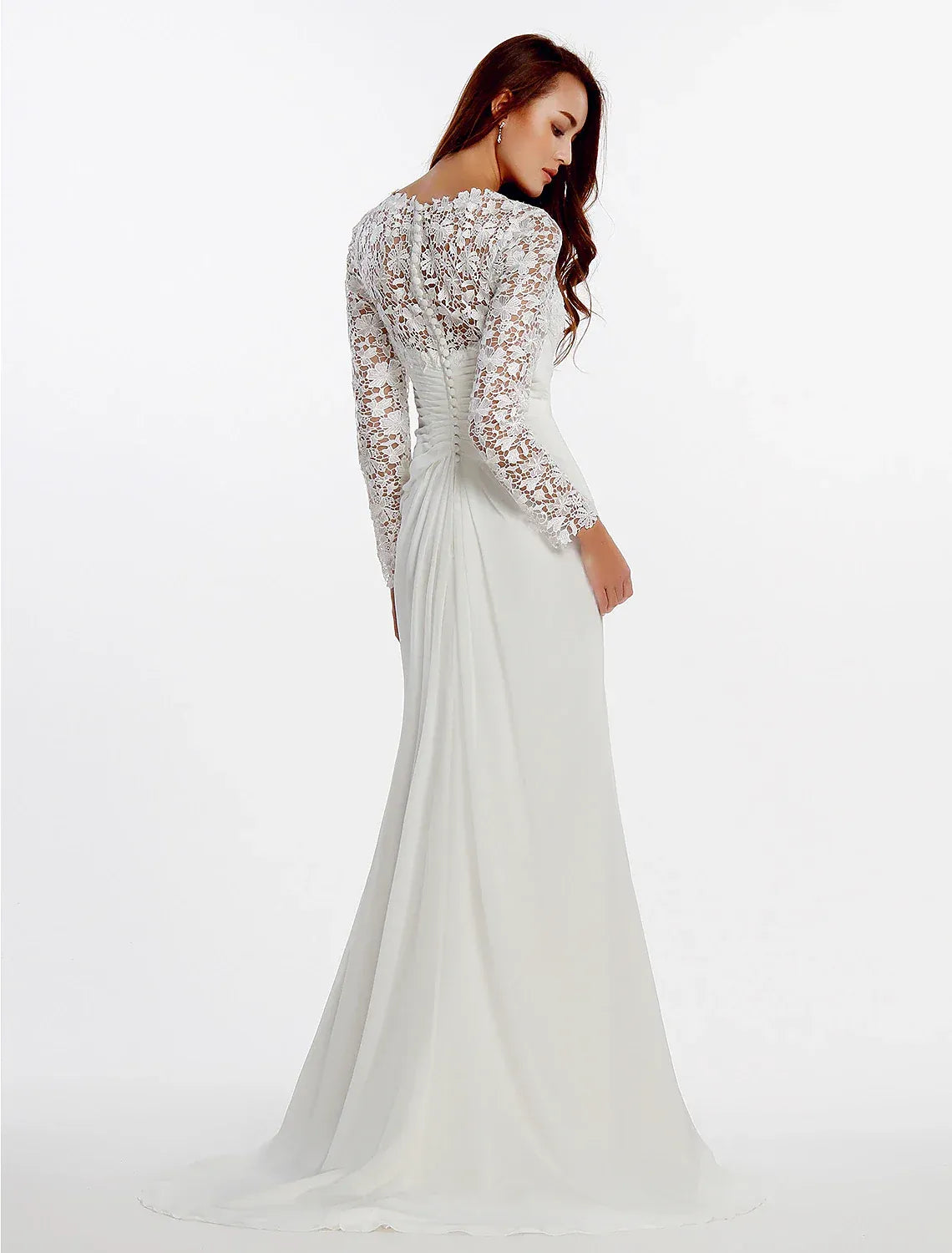 Mermaid Chiffon Long Sleeve Lace-Up Back Train Wedding Dress - Yihuiw by Yihuiw