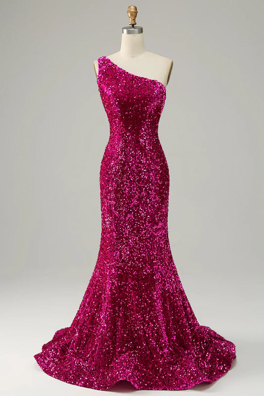 Hot Pink One-Shoulder Sequin Mermaid Prom Dress with Open Back – Glamorous Formal Evening Gown