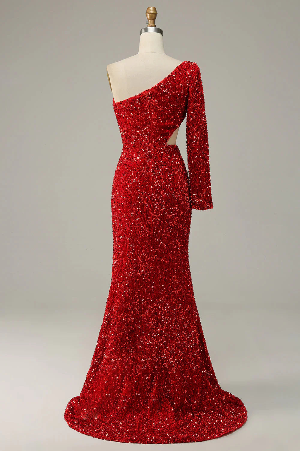 One-Shoulder Sequin Mermaid Evening Dress with Long Sleeve, Cutout Waist, and High Slit