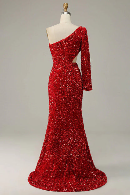 One-Shoulder Sequin Mermaid Evening Dress with Long Sleeve, Cutout Waist, and High Slit