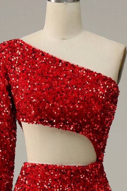 One-Shoulder Sequin Mermaid Evening Dress with Long Sleeve, Cutout Waist, and High Slit