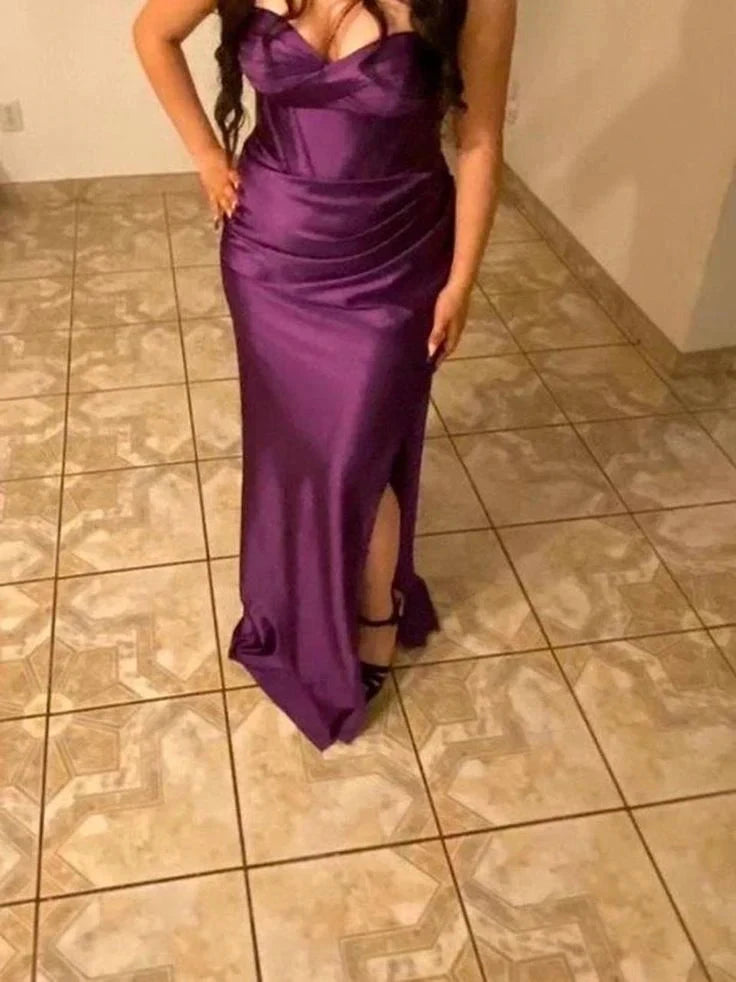 Mermaid Purple Strapless Satin Prom Dress Wedding Guest Dresses simple gentle atmospheric and unique desi Bring summer colors to enhance whiteness by YiHuiw