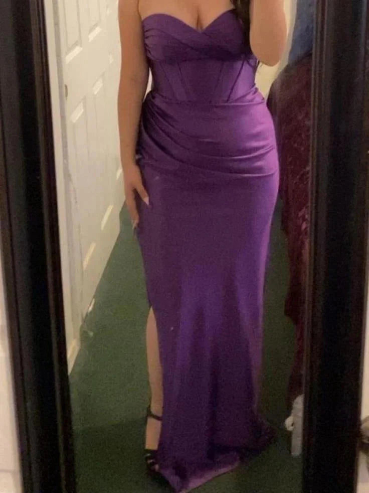 Mermaid Purple Strapless Satin Prom Dress Wedding Guest Dresses simple gentle atmospheric and unique desi Bring summer colors to enhance whiteness by YiHuiw