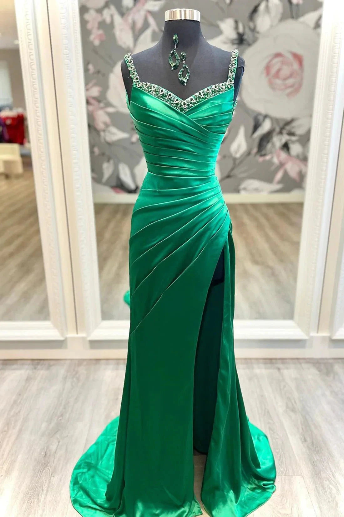 Mermaid Satin Long Prom Dress Green Satin Evening Dress with Beaded simple gentle atmospheric and unique desi Bring summer colors to enhance white by YiHuiw