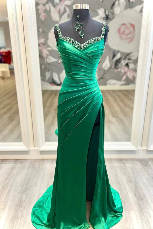 Mermaid Satin Long Prom Dress Green Satin Evening Dress with Beaded simple gentle atmospheric and unique desi Bring summer colors to enhance white by YiHuiw