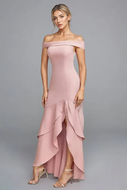 Blush Pink Off-the-Shoulder Mermaid Prom Dress with Ruffle Hem – Elegant Formal Evening Gown