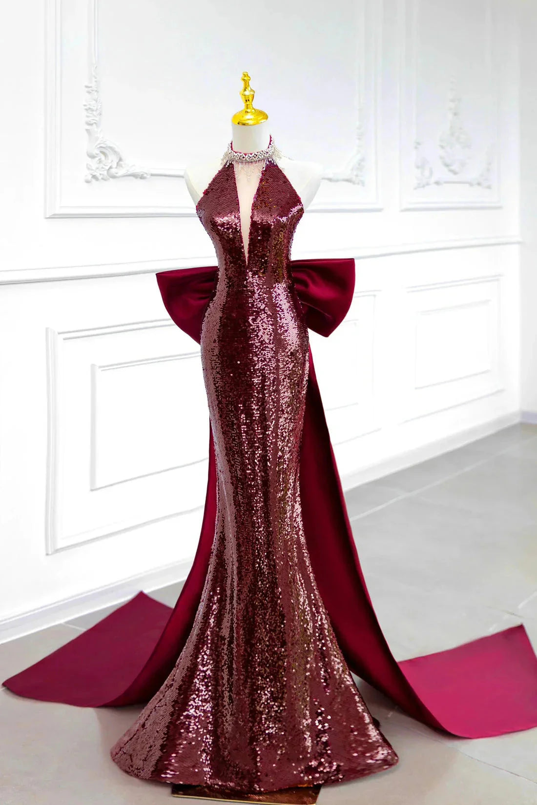 Mermaid Sequins Long Prom Dress Burgundy Backless Evening Party Dress simple gentle atmospheric and unique desi Brin by YiHuiw