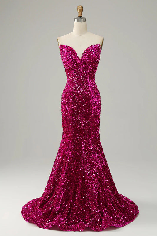 Hot Pink Sequin Mermaid Prom Dress with Sweetheart Neckline – Glamorous Strapless Formal Evening Gown