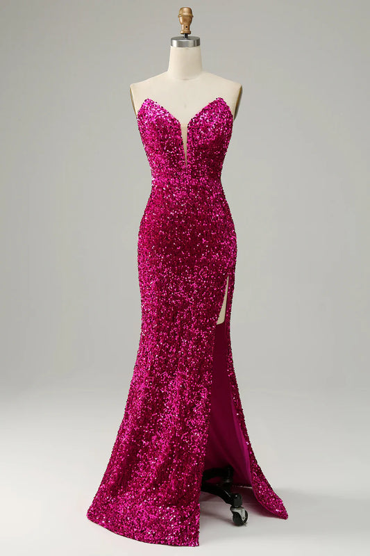 Hot Pink Sequin Mermaid Prom Dress with Sweetheart Neckline and High Slit – Glamorous Formal Evening Gown