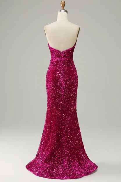 Hot Pink Sequin Mermaid Prom Dress with Sweetheart Neckline and High Slit – Glamorous Formal Evening Gown
