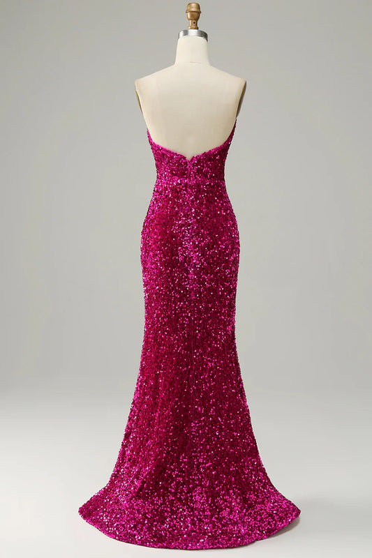 Hot Pink Sequin Mermaid Prom Dress with Sweetheart Neckline and High Slit – Glamorous Formal Evening Gown