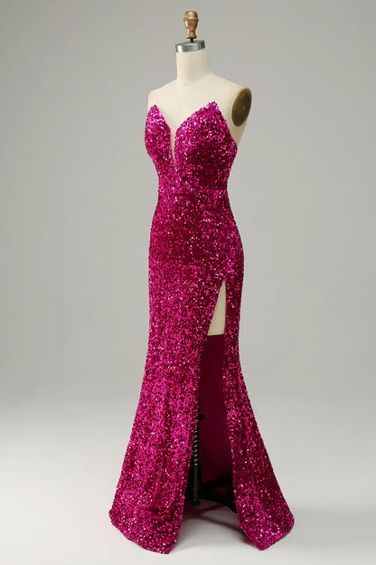 Hot Pink Sequin Mermaid Prom Dress with Sweetheart Neckline and High Slit – Glamorous Formal Evening Gown